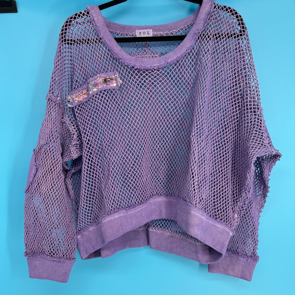 Just In! POL Round Neck Crochet Top Iris Purple Front Decortive Zip-NWT Sz- S-L - Picture 2 of 7